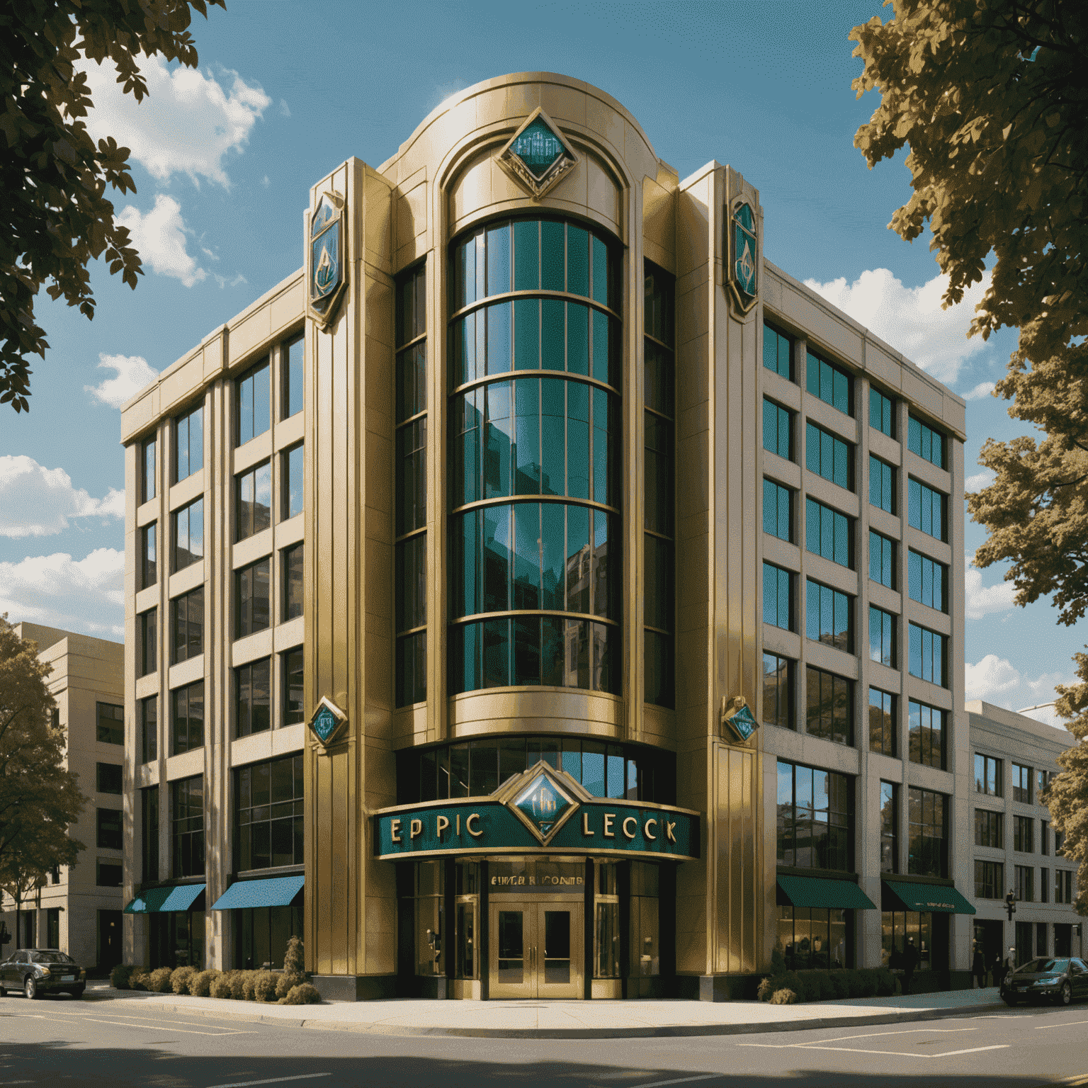 A modern office building with Art Deco inspired architecture, featuring gold and emerald accents. The Epic Spin Jackpot logo is prominently displayed on the facade.