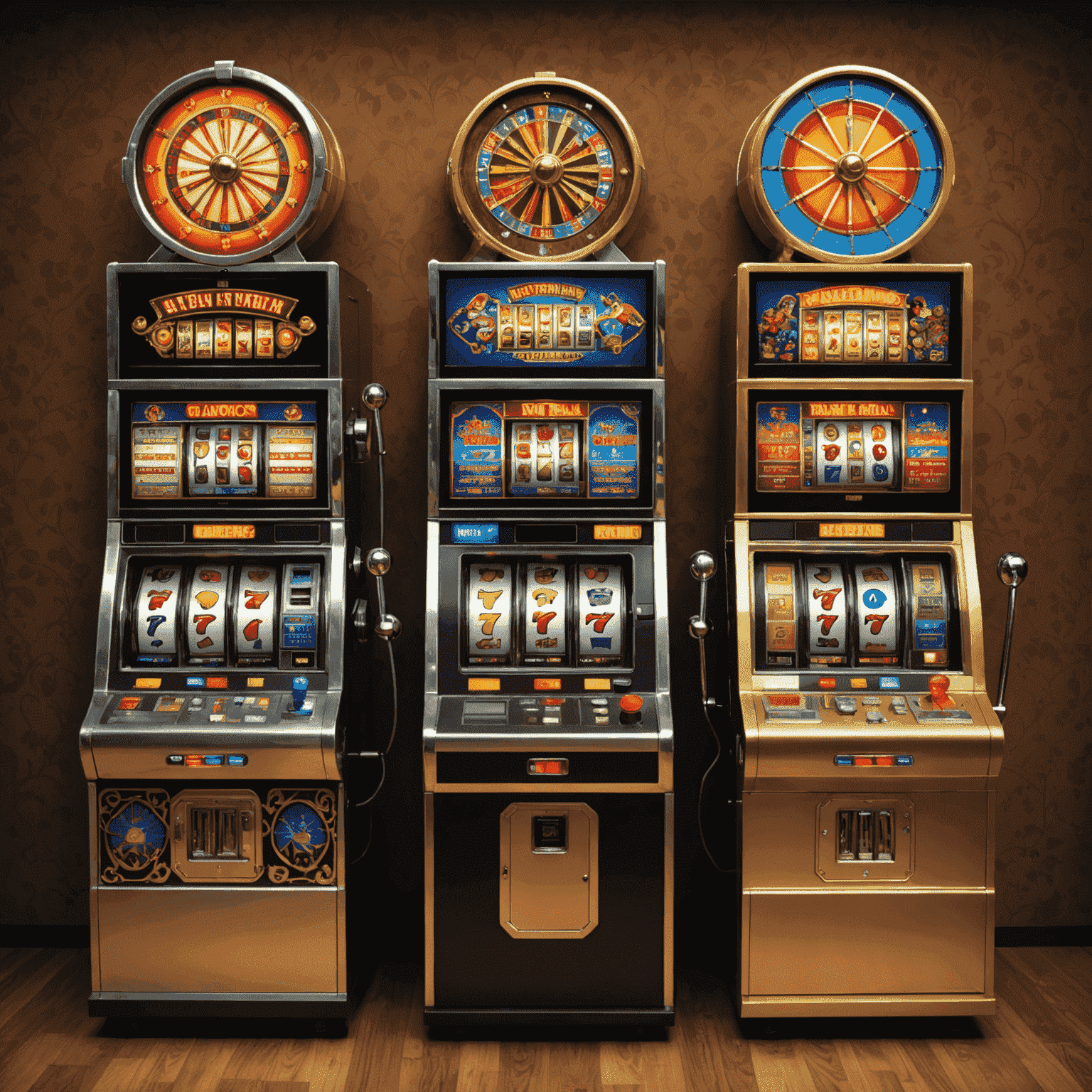 Five slot machines with different themes, showing various winning combinations and strategy diagrams overlaid