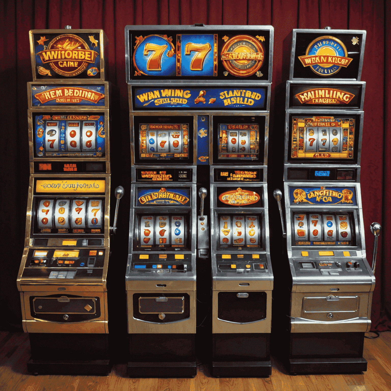 Five slot machines with different themes, showing various winning combinations and strategy tips overlaid on the image