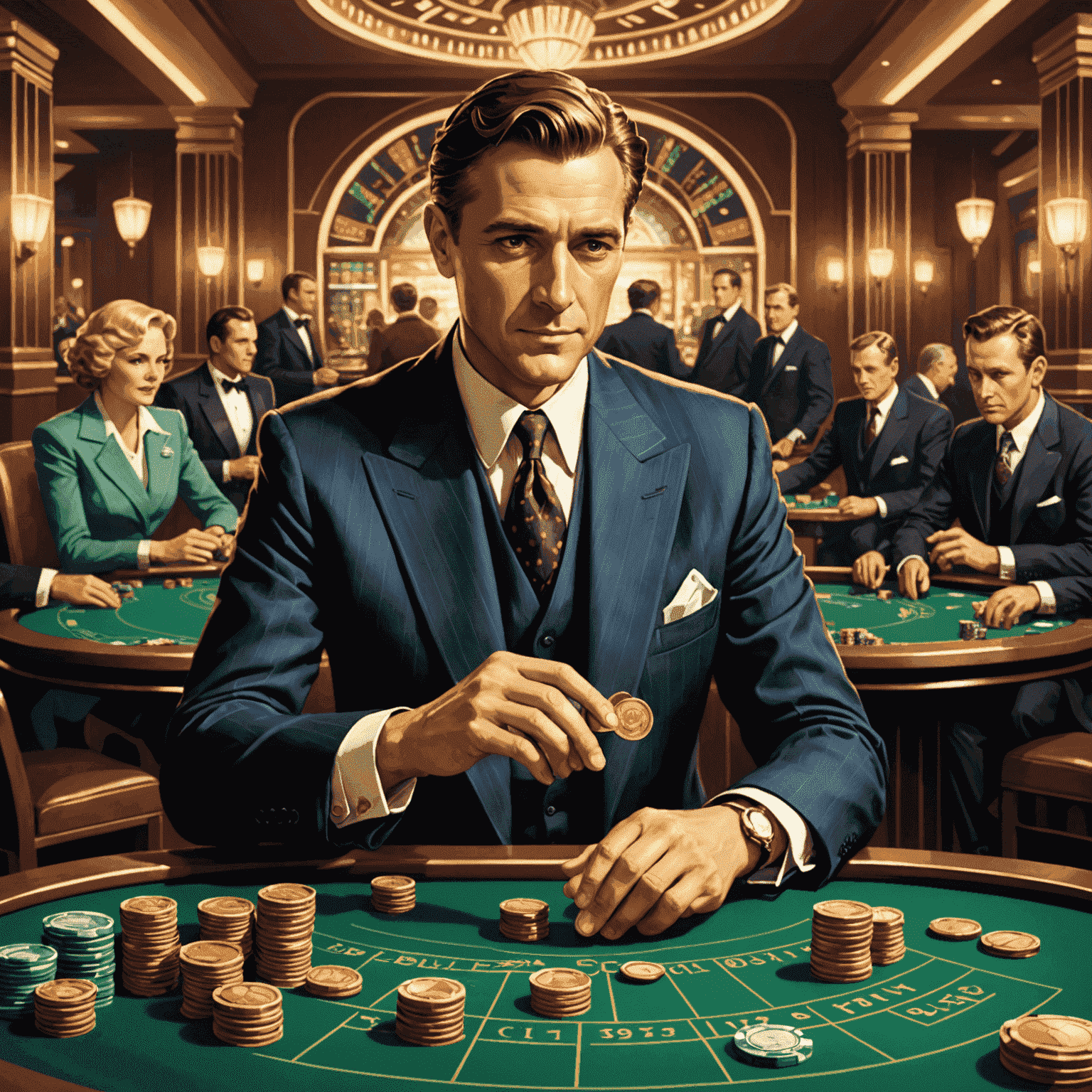 A stylized Art Deco illustration showing a person managing coins and chips, representing wise bankroll management in a social casino setting