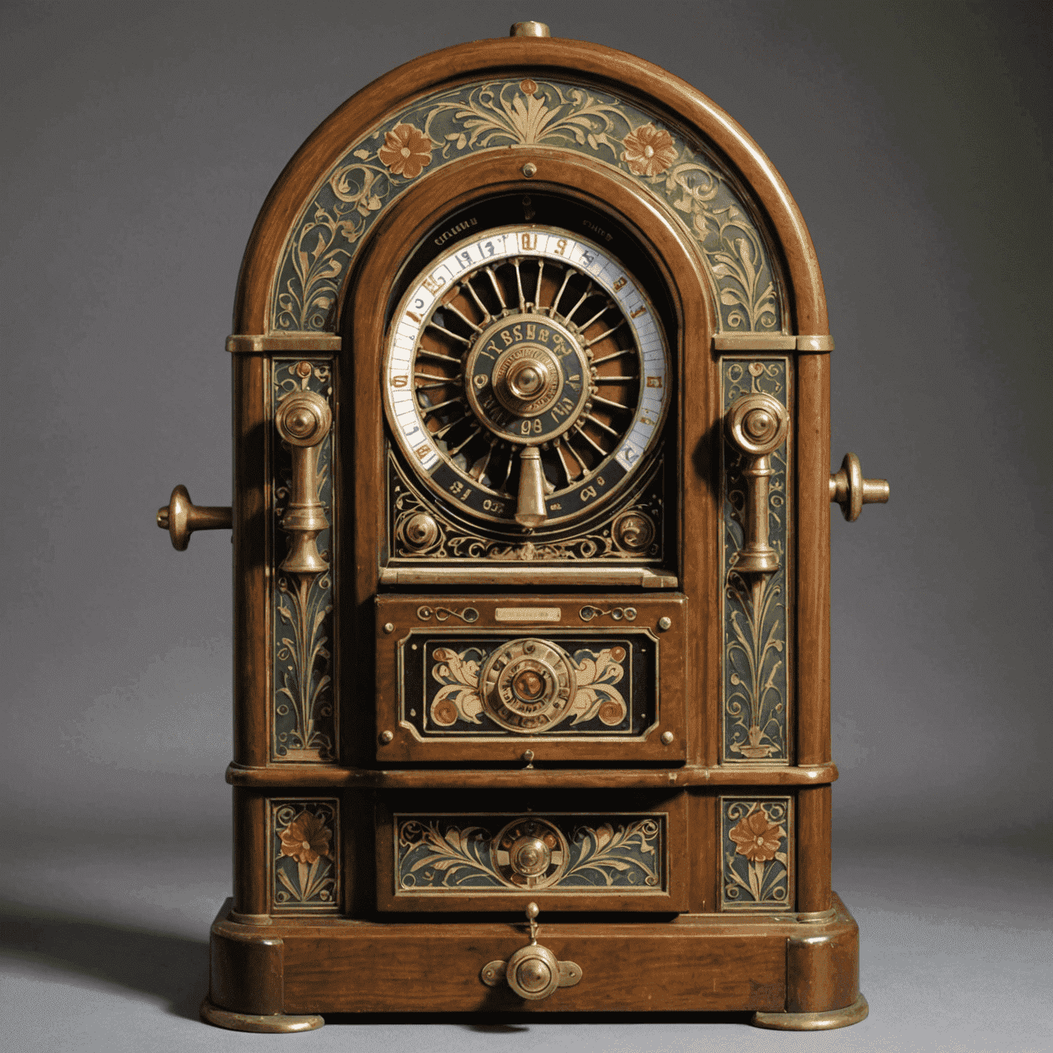 An early mechanical slot machine from the late 1800s, featuring ornate Art Nouveau designs and a large lever on the side