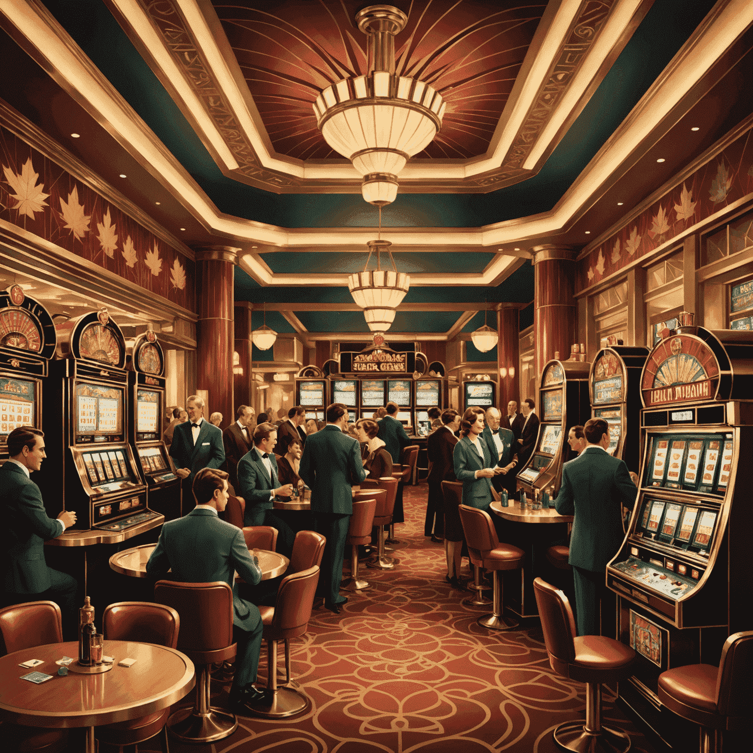 A stylized Art Deco illustration of a Canadian casino interior, featuring maple leaf motifs, slot machines, and diverse group of people socializing