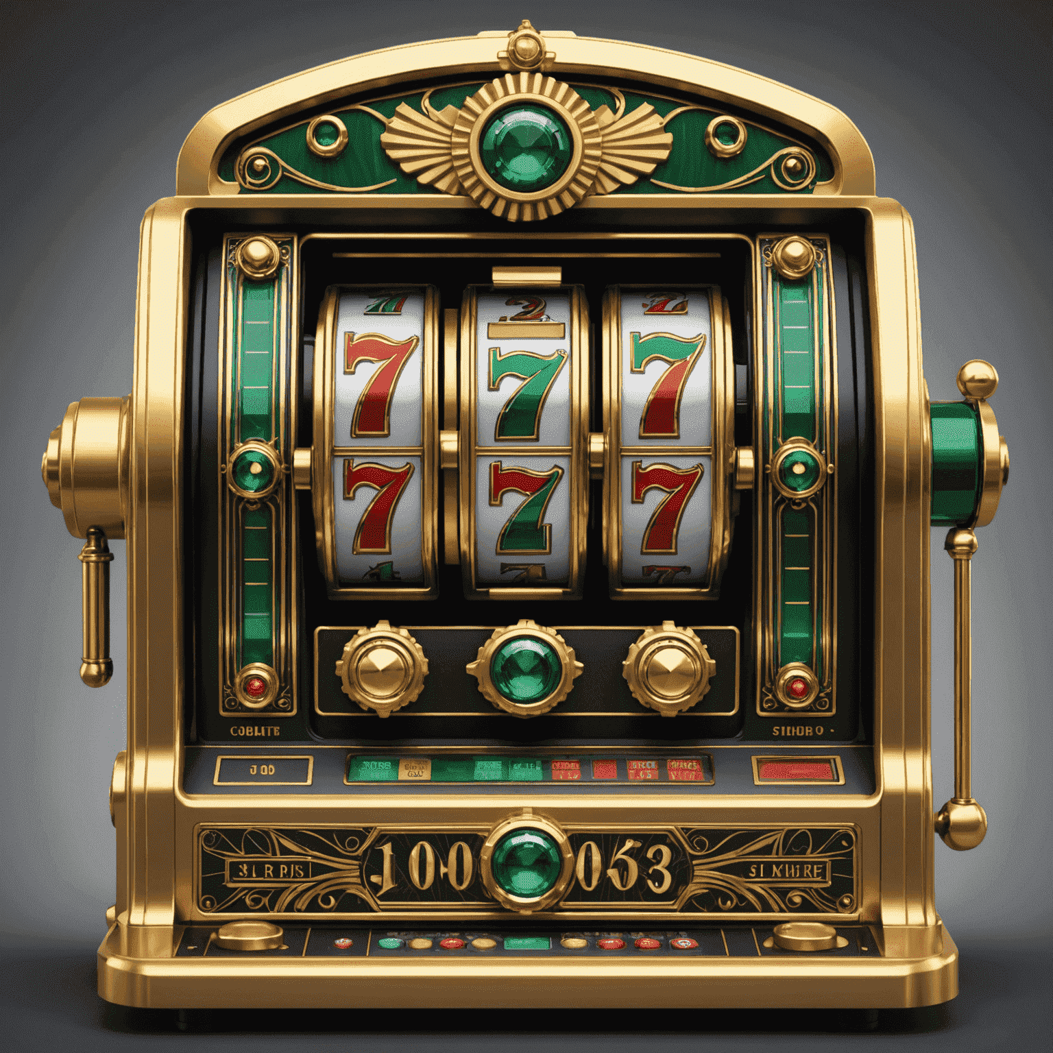 Stylized Art Deco slot machine with RTP percentage displayed, featuring golden gears and emerald accents