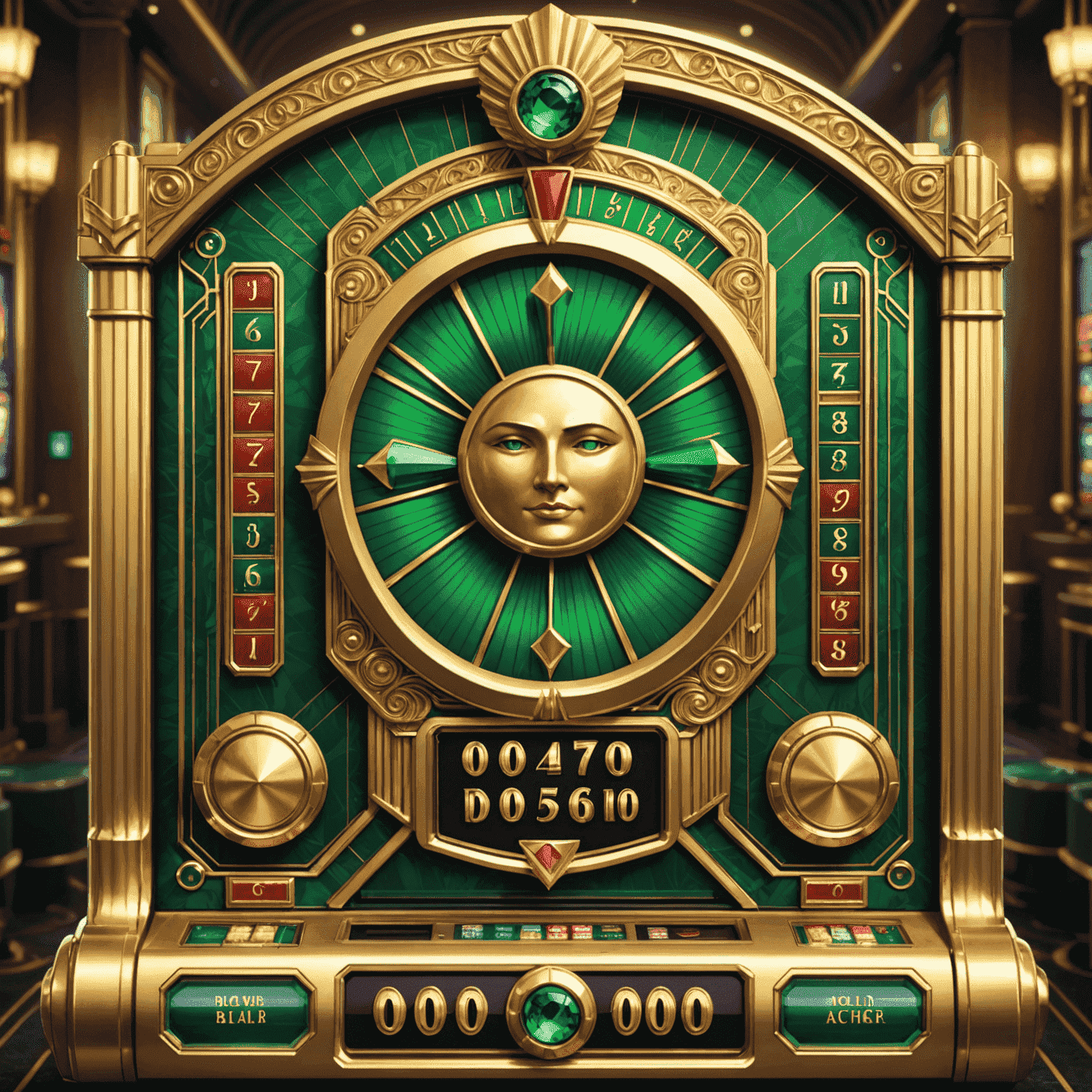 A luxurious Art Deco-inspired slot machine with golden accents and emerald details, showcasing new game features