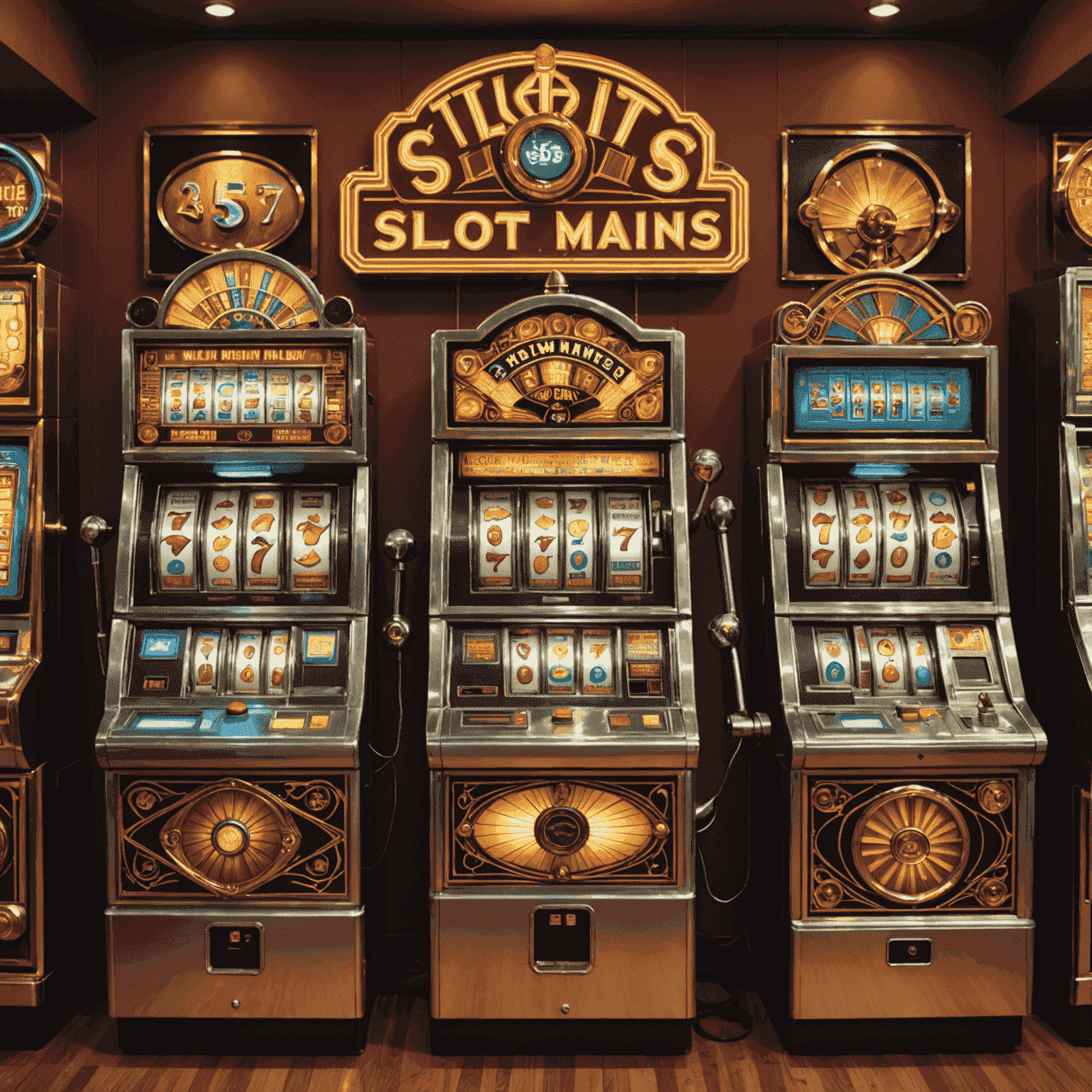 A timeline showing the evolution of slot machines from old mechanical devices to modern digital screens, with Art Deco elements framing the image