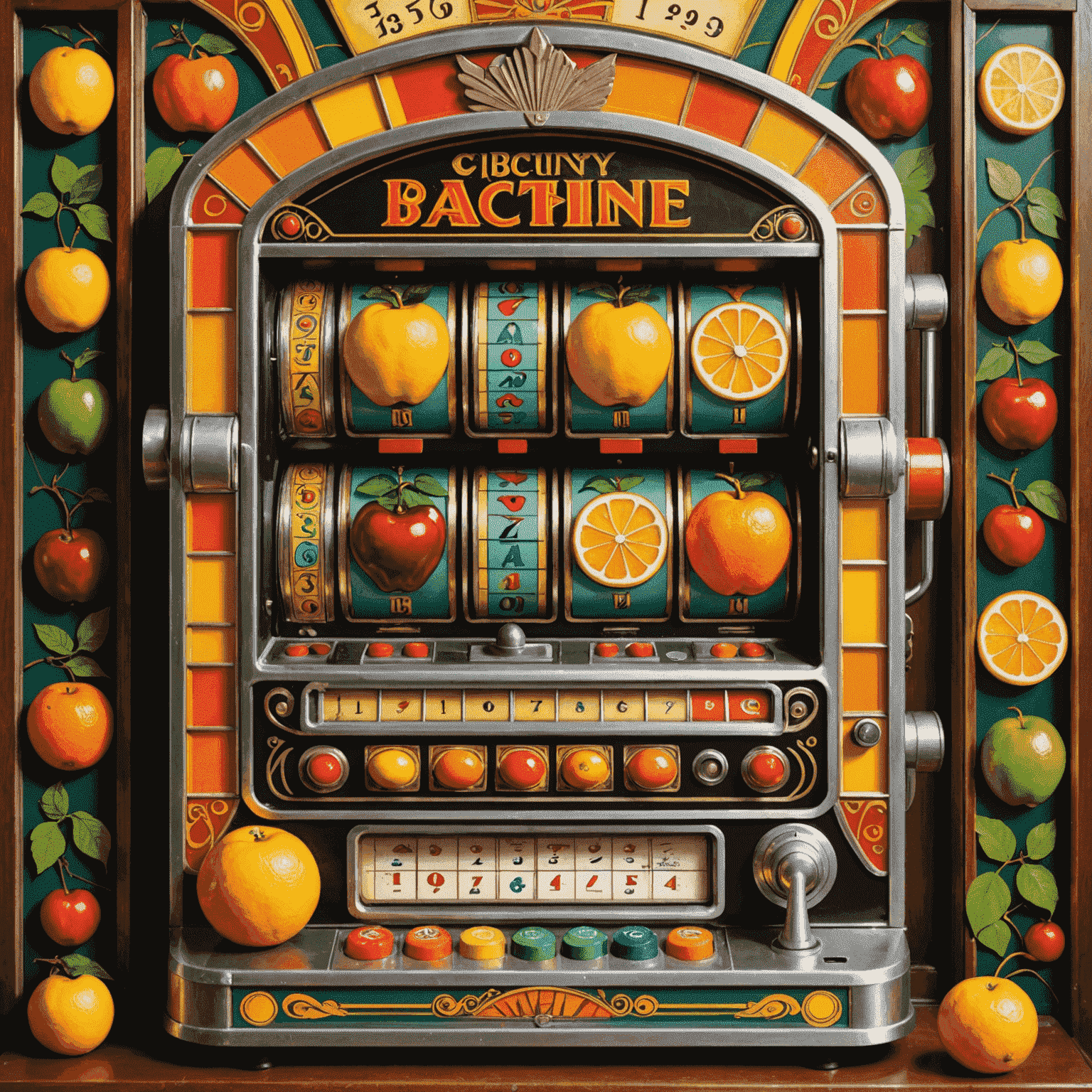 A colorful 1930s fruit machine with cherry, lemon, and orange symbols on its reels, set against an Art Deco background