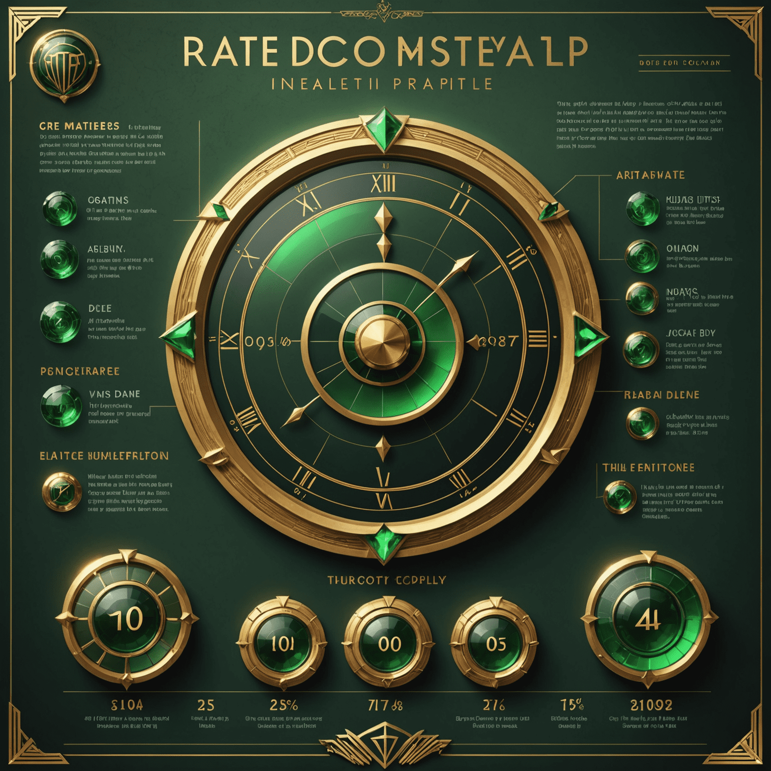 Art Deco-style infographic showing different RTP percentages and their effects on gameplay, with gold and emerald color scheme