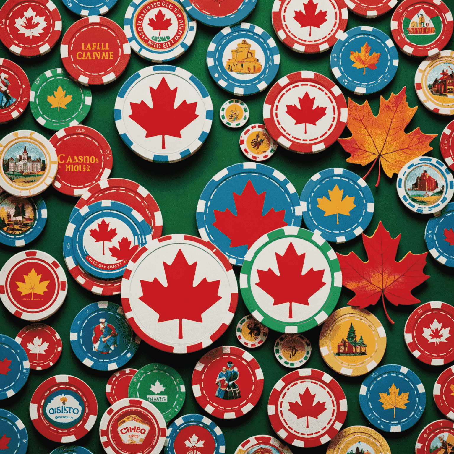 A collage of Canadian landmarks, casino chips with maple leaf designs, and people enjoying social casino games on mobile devices