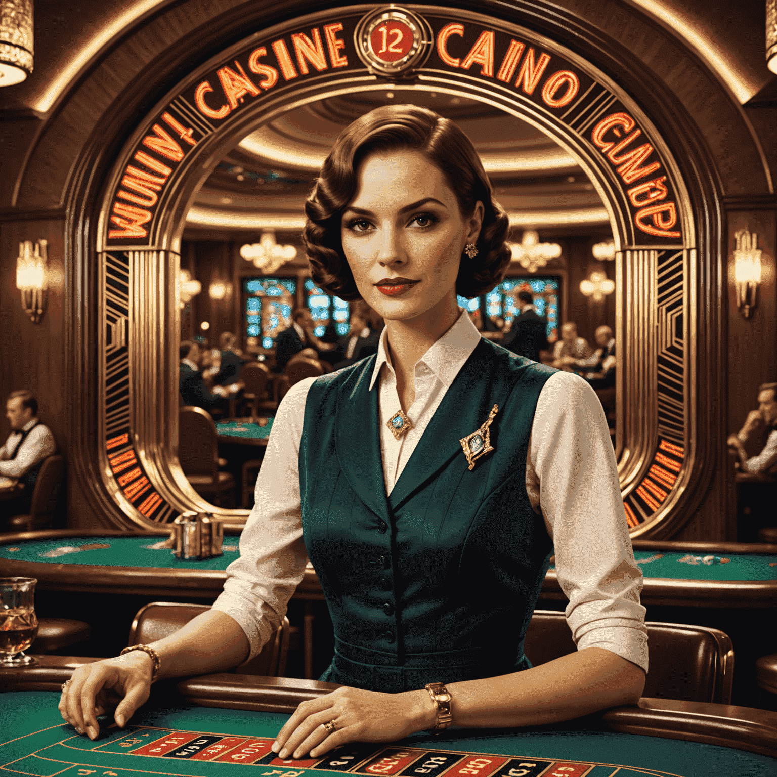 A luxurious Art Deco-inspired image showcasing various bonus symbols and promotional offers in a social casino environment