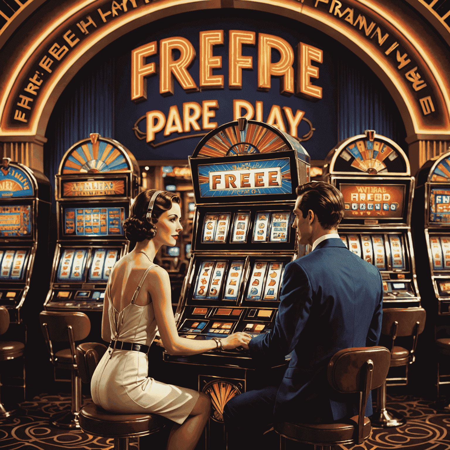 An Art Deco design featuring a person enjoying free play on various slot machines, with 'Free Play' written in stylized text