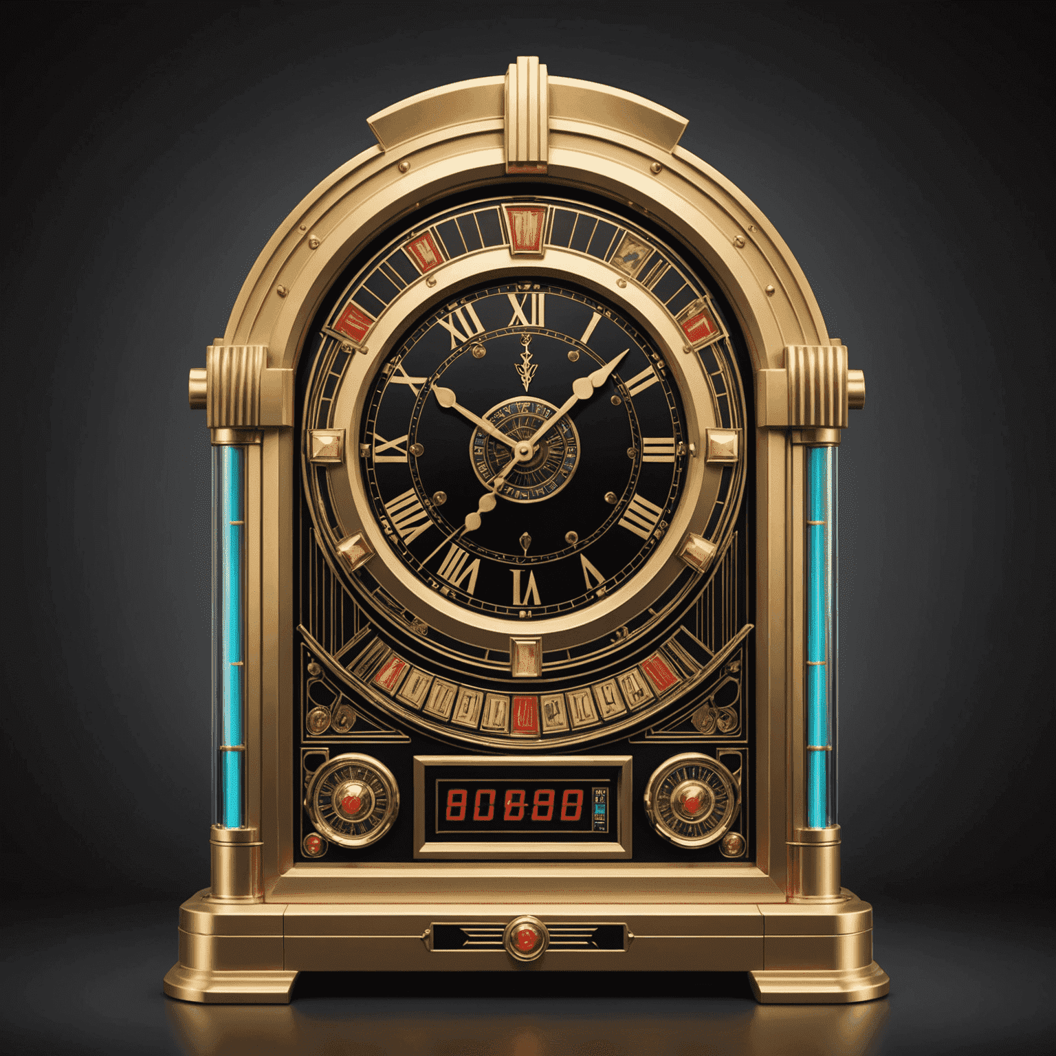 An Art Deco clock design integrated with slot machine elements, symbolizing the importance of time management in social casino gaming